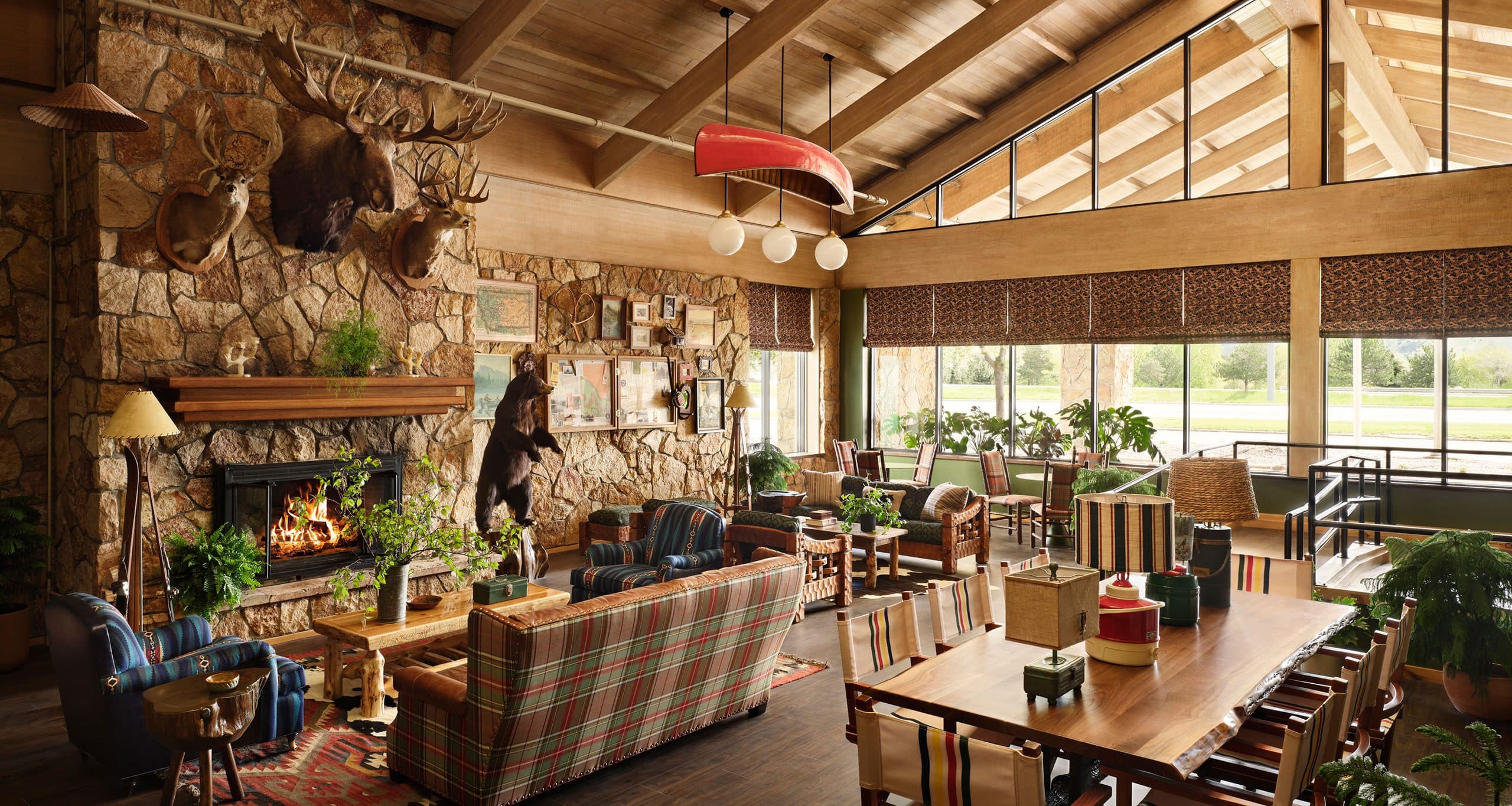 lobby with fireplace and community table