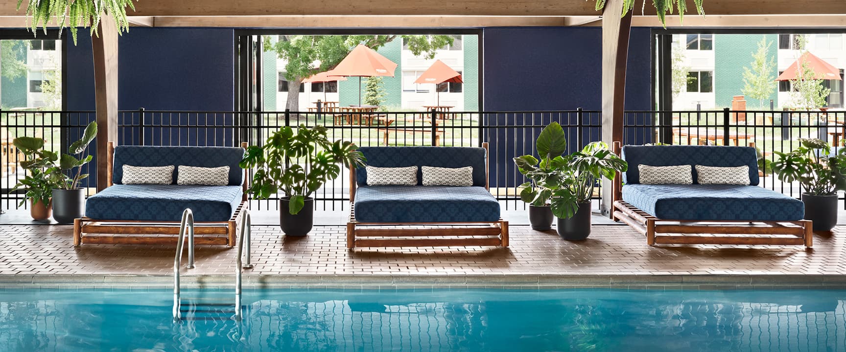 indoor pool with loungers